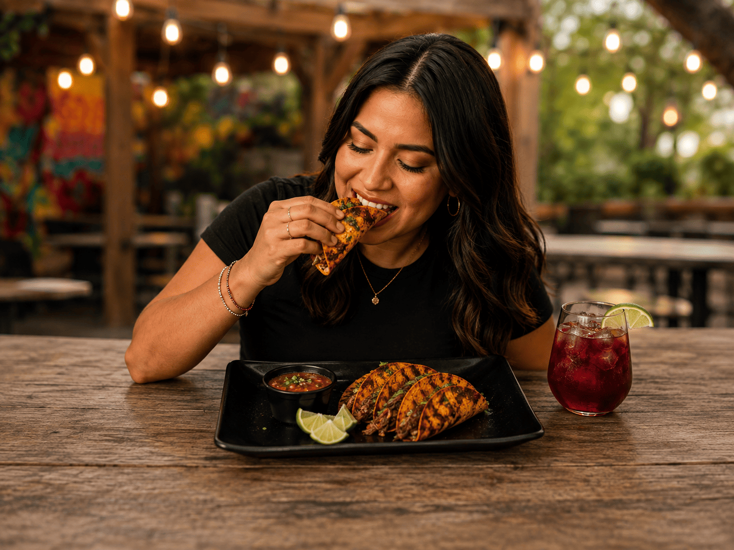 Guest enjoying Birria Tacos at Romi's Taqueria