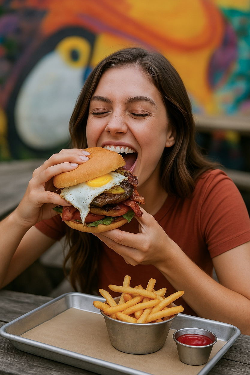 Disfrutando una hamburguesa de San Antonio Burgers